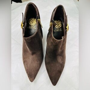 Vince Camuto Dark Brown Suede Booties with Gold Accents